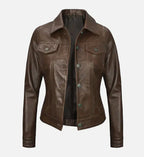 Women Dark Brown Leather Trucker Jacket