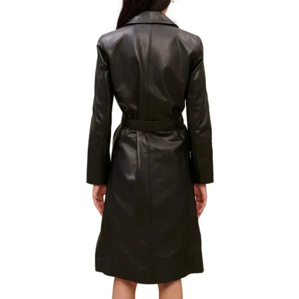 Womens Classic Black Leather Trench Coat