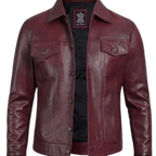 Mens Stylish Maroon Trucker Jacket – Genuine Lambskin Leather