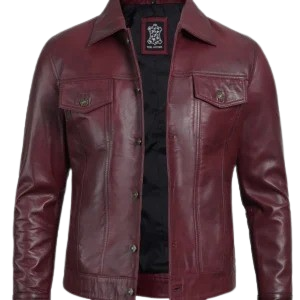 Mens Stylish Maroon Trucker Jacket – Genuine Lambskin Leather