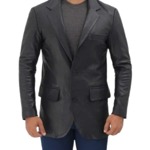 Mens Notch Lapel 2 Buttons Black Lambskin Leather Blazer