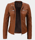 Cognac Brown Womens Leather Jacket With Removable Hood