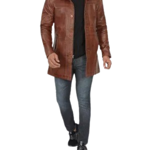 Men's Real Lambskin Brown Leather Cognac Car Coat
