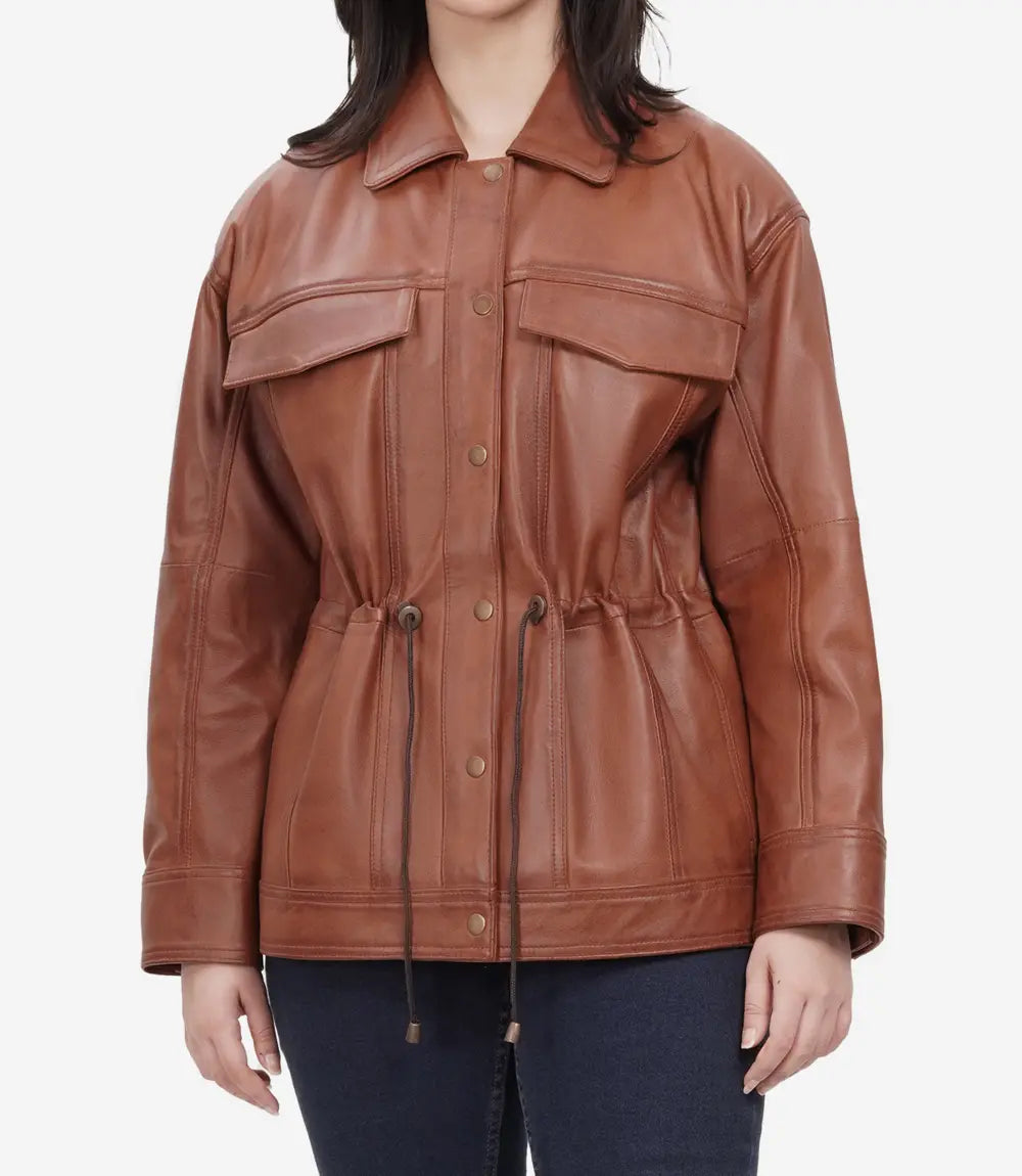 Womens Cognac Oversized Leather Trucker Jacket