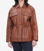 Womens Cognac Oversized Leather Trucker Jacket