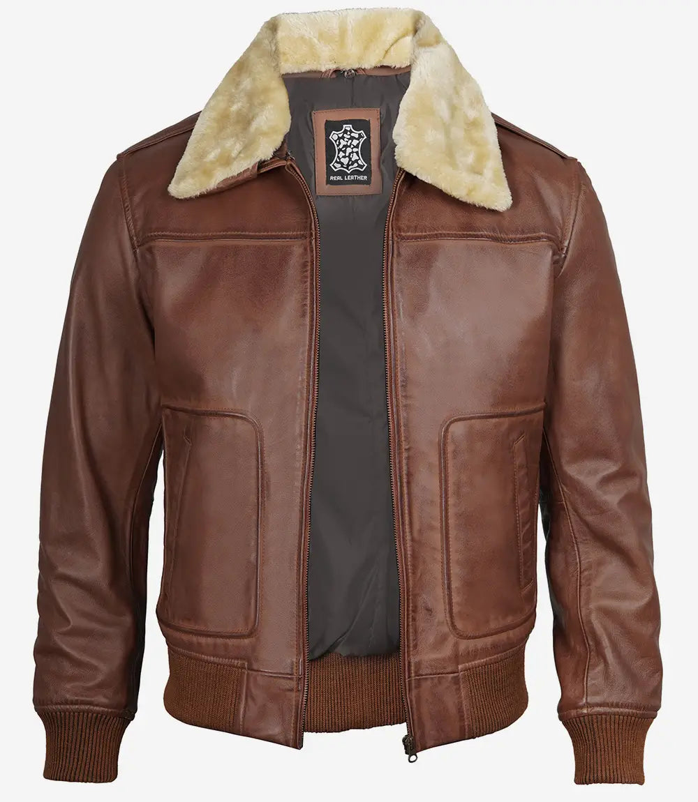 Fur Collar Cognac Leather Bomber Jacket for Men