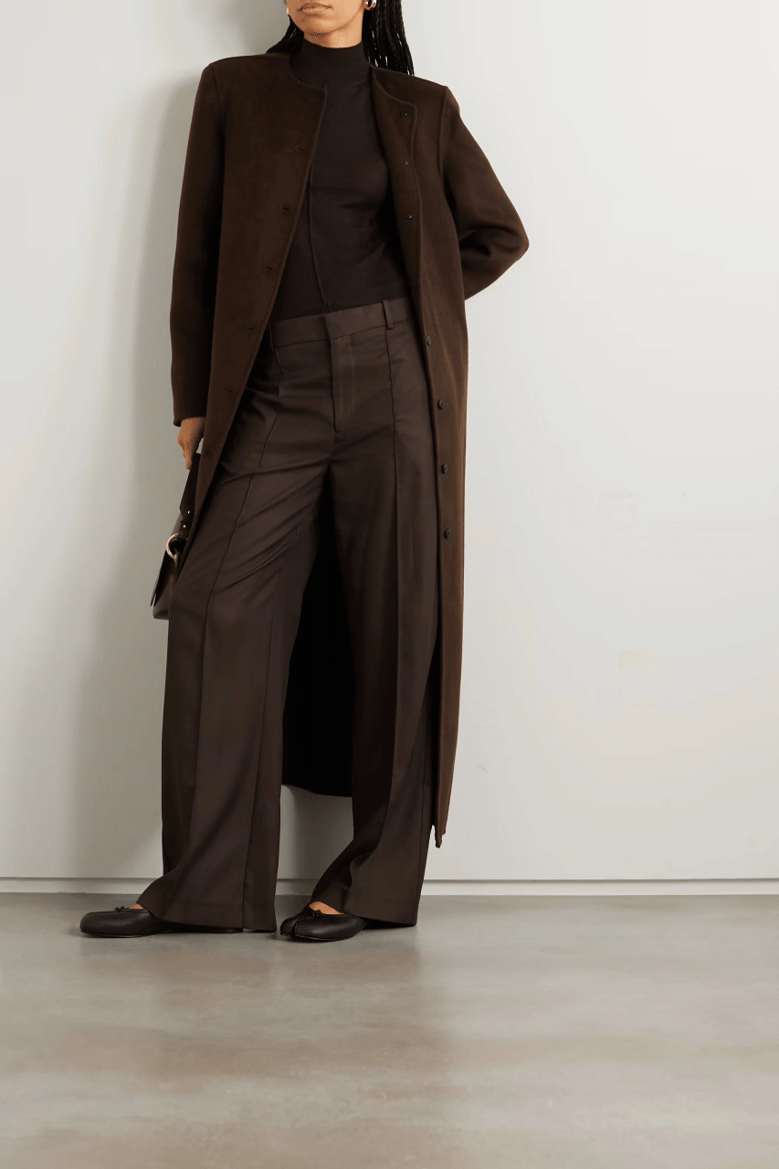 Womens Collarless Dark Brown Wool Trench Coat