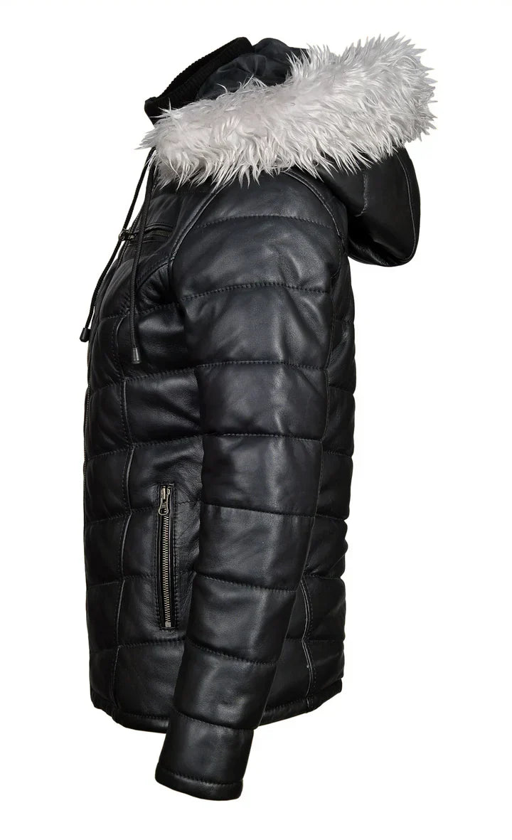Women Winter Fur Trimmed Hoodie Puffer Leather Jacket