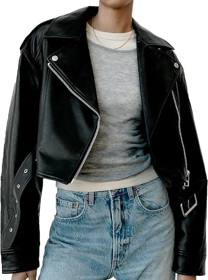 Womens Black Leather Cropped Jacket