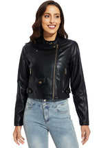 Women Cropped Black Leather Jacket