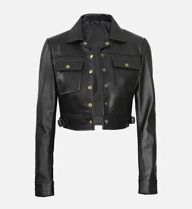 Women Cropped Black Leather Trucker Jacket
