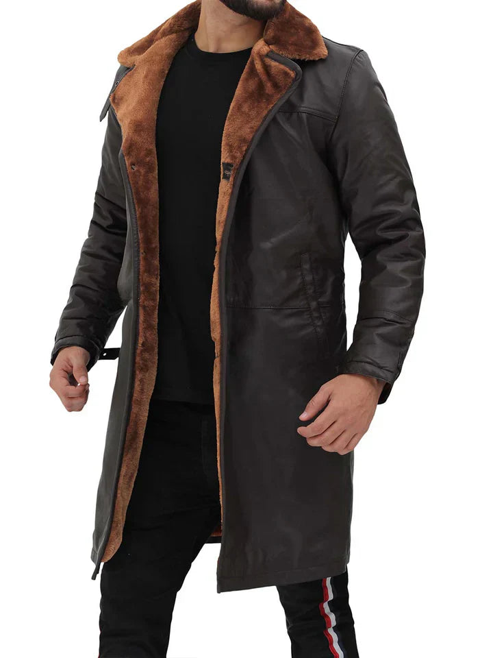 Mens Dark Brown Shearling Leather Trench Coat