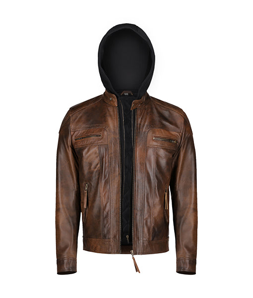 Men’s Dark Brown Leather Jacket With Hood