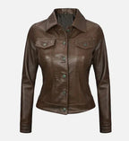 Women Dark Brown Leather Trucker Jacket