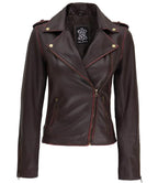 Womens Asymmetrical Moto Jacket Brown Leather Edition