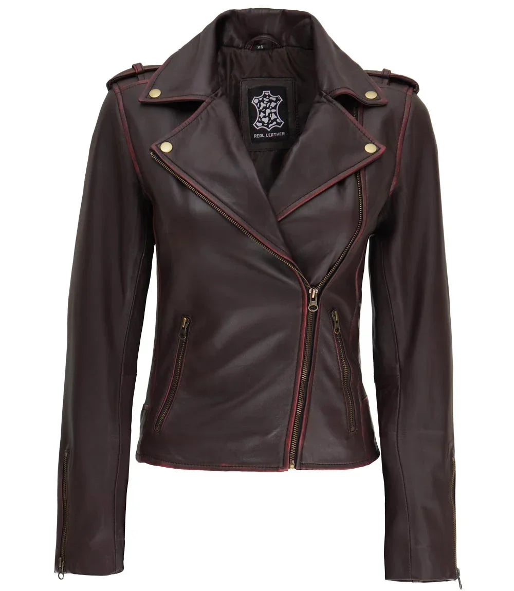 Womens Asymmetrical Moto Jacket Brown Leather Edition