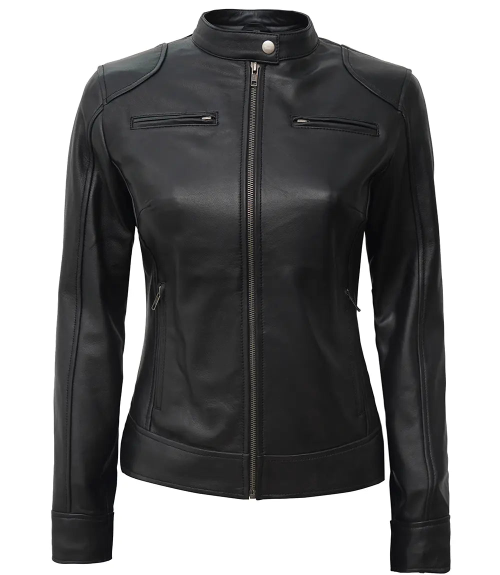 Womens Black Lambskin Motorcycle Jacket Dodge Edition