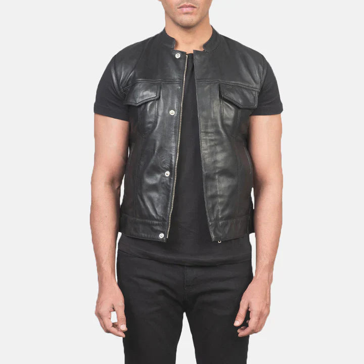 Atlas Moto Black Leather Vest For Mens