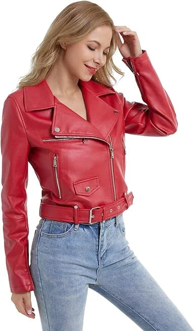Red Biker Cropped Leather Jacket