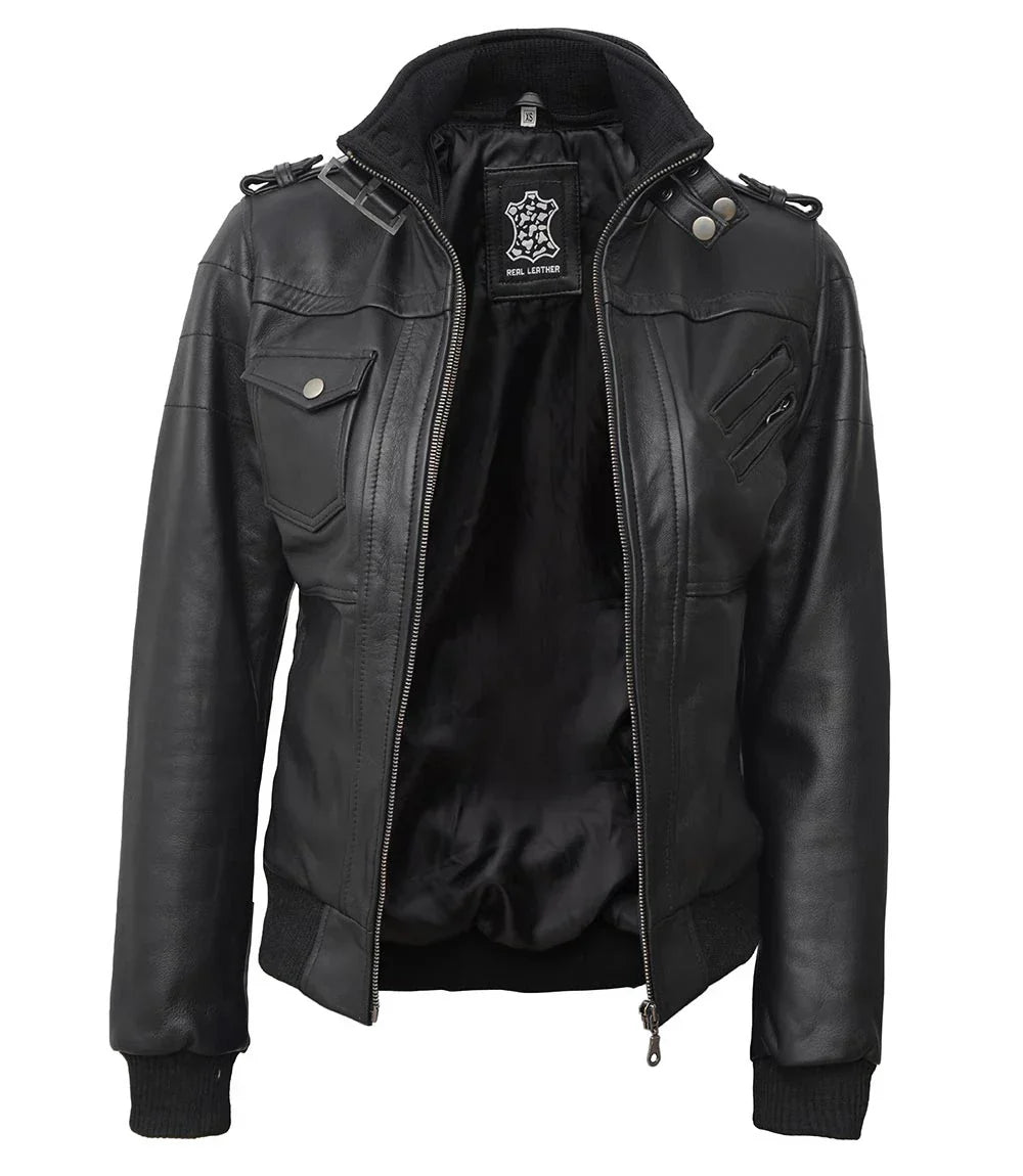Womens Edinburgh Bomber Leather Jacket with Detachable Hood