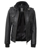 Womens Edinburgh Bomber Leather Jacket with Detachable Hood