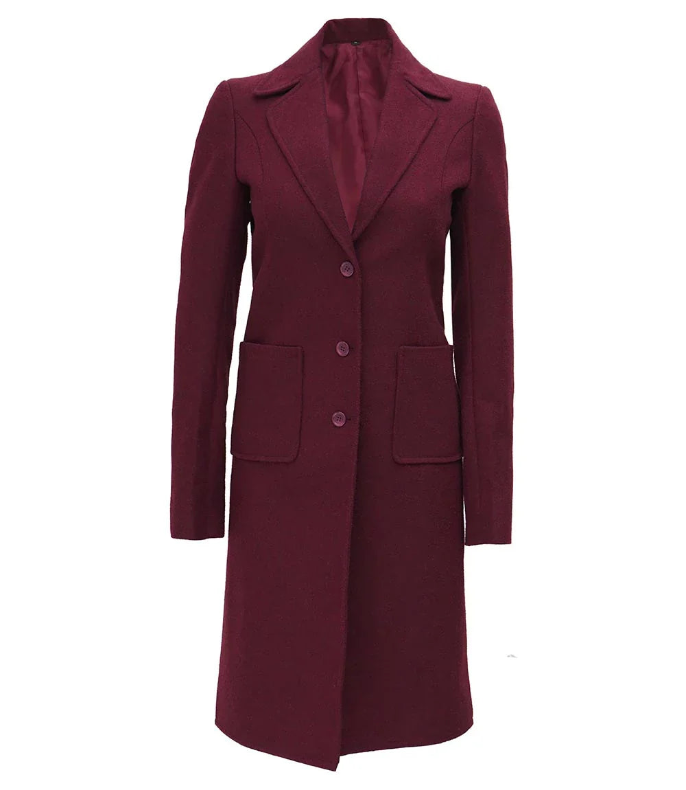Womens Maroon Long Wool Coat