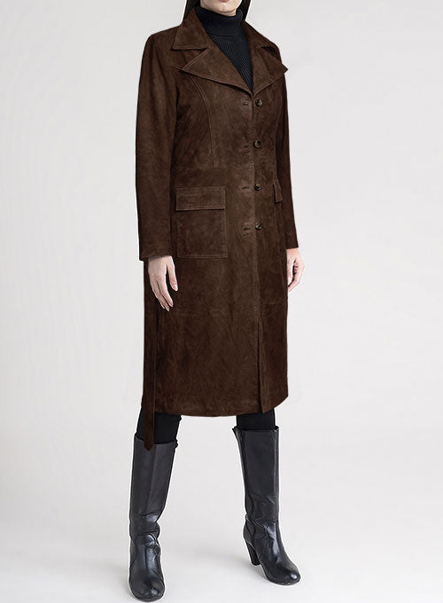 Womens Dark Brown Suede Leather Trench Coat