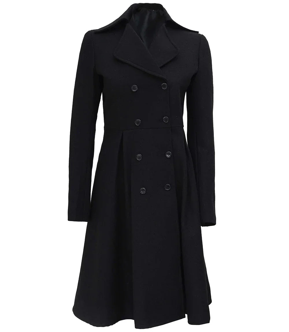Womens Black Double Breasted Wool Trench Coat