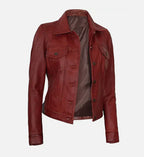 Women Red Leather Trucker Jacket