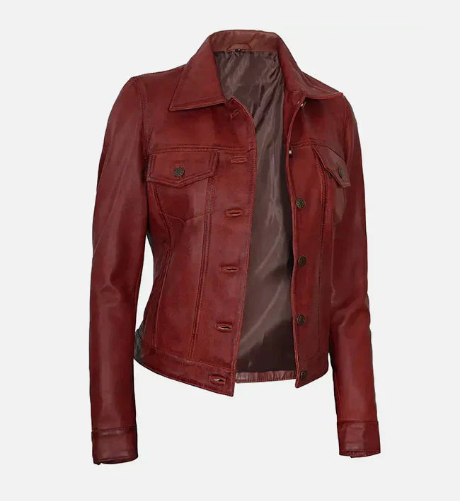 Women Red Leather Trucker Jacket