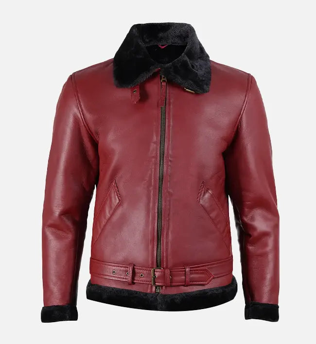 Mens Maroon Leather Shearling Jacket