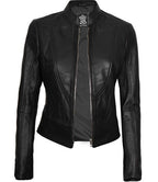 Women Black Cafe Racer Leather Jacket