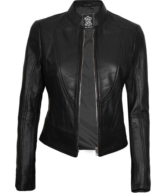 Women Black Cafe Racer Leather Jacket