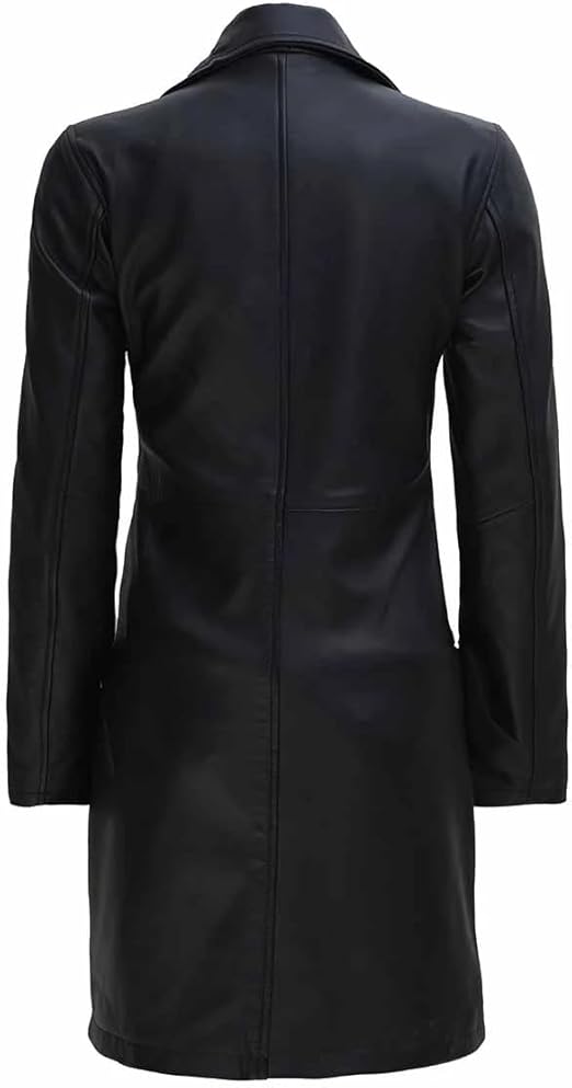 Womens Long Black Leather Trench Coat