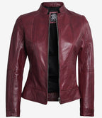 Women Maroon Cafe Racer Leather Jacket