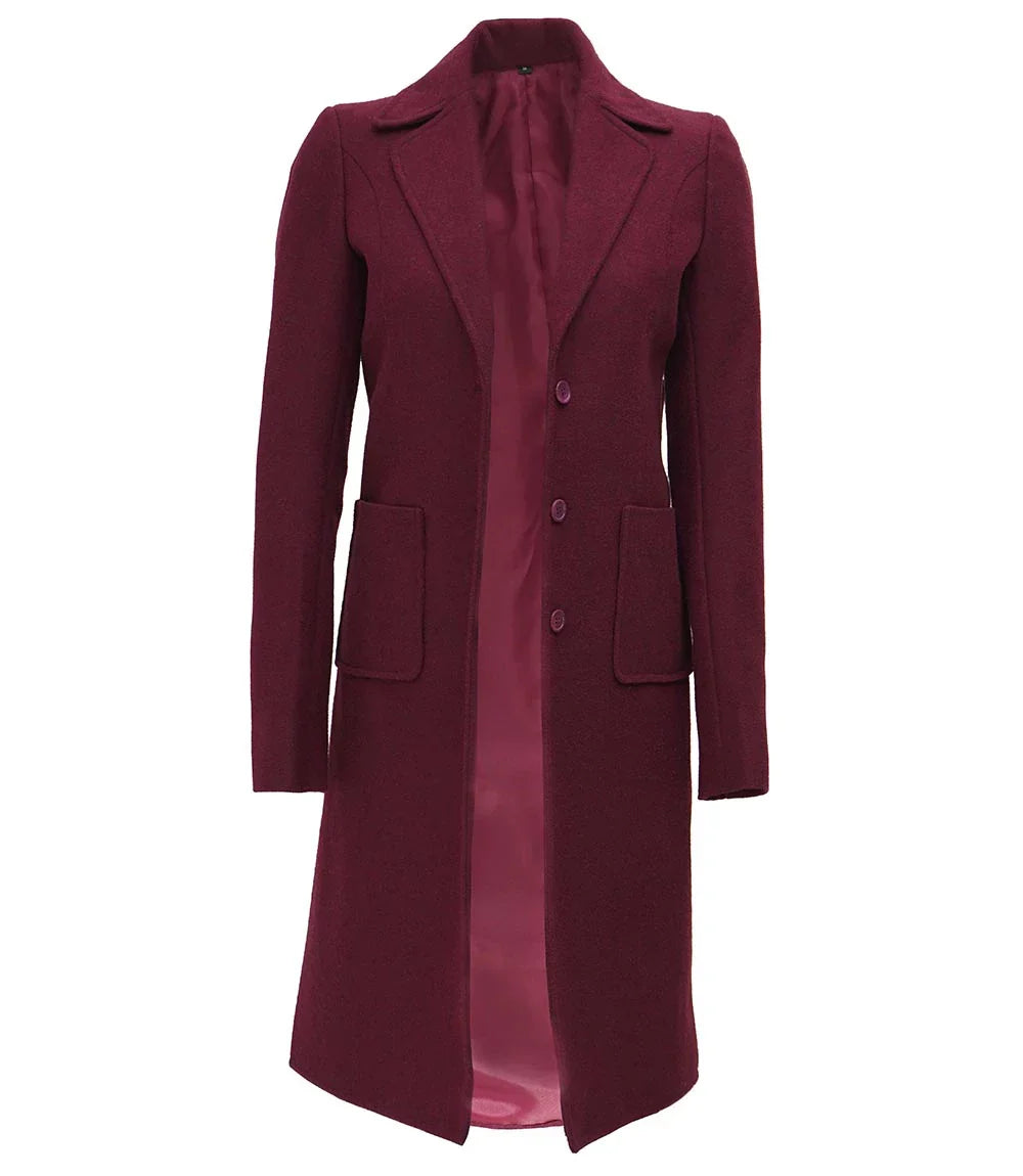 Womens Maroon Long Wool Coat