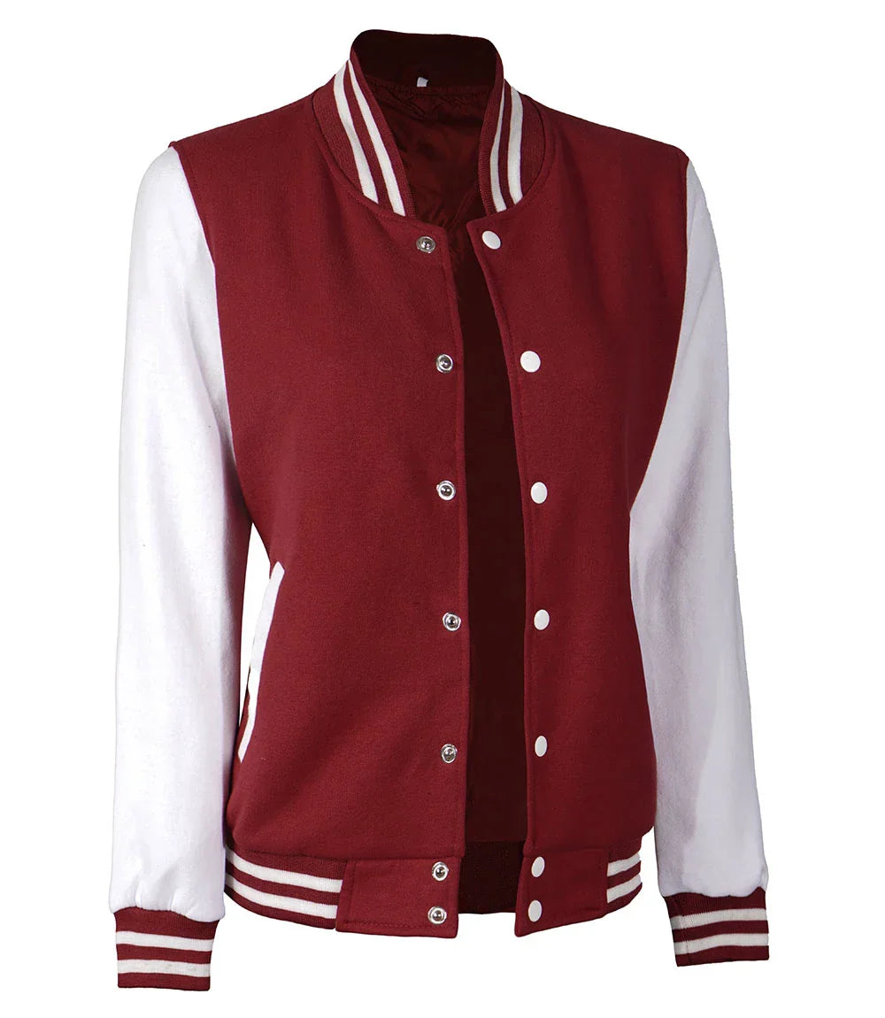 Womens Maroon White Sleeves Varsity Jacket