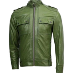 Slim Fit Men Green Biker Jacket