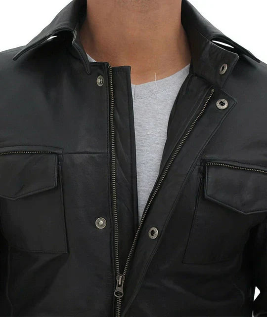 Mens Four Pocket Black Leather Trench Coat