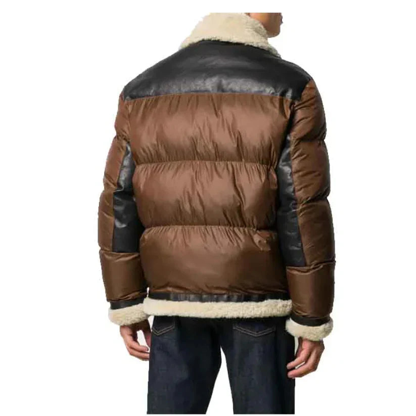 Front Full Zipped Puffer Leather Jacket For Mens