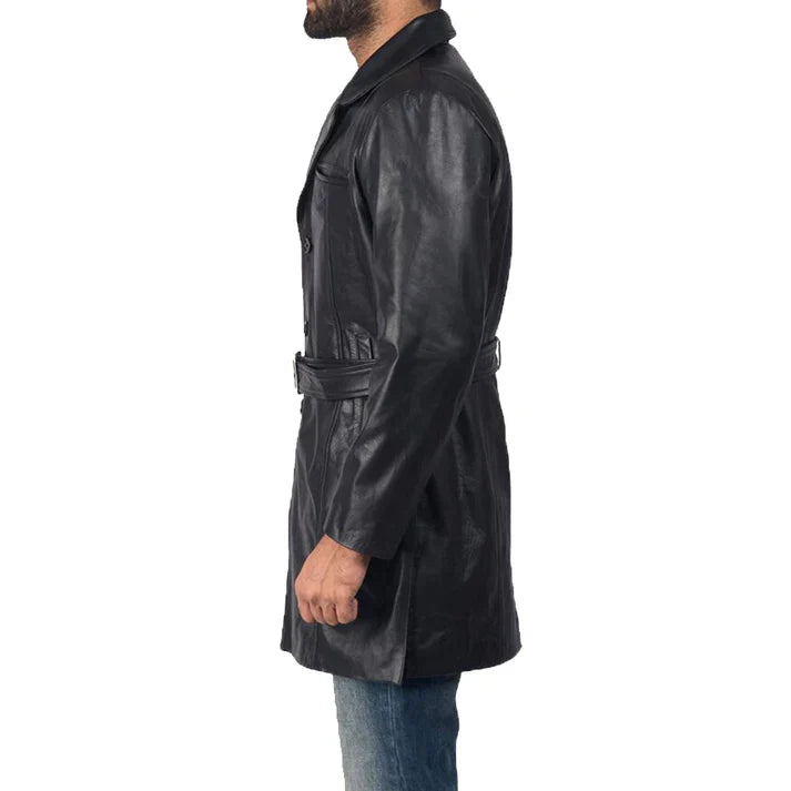 Men Black Leather Trench Coat