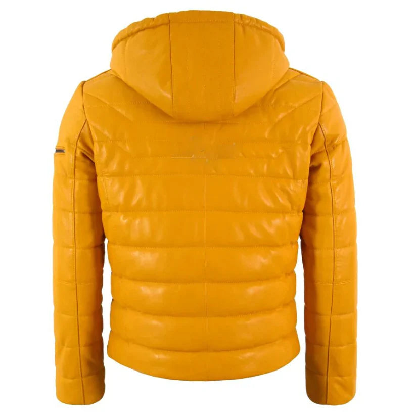 Mens Puffer Hooded Real Leather Jacket