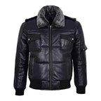 Mens Genuine Black Fur Puffer Leather Jacket