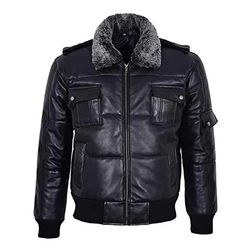 Mens Genuine Black Fur Puffer Leather Jacket