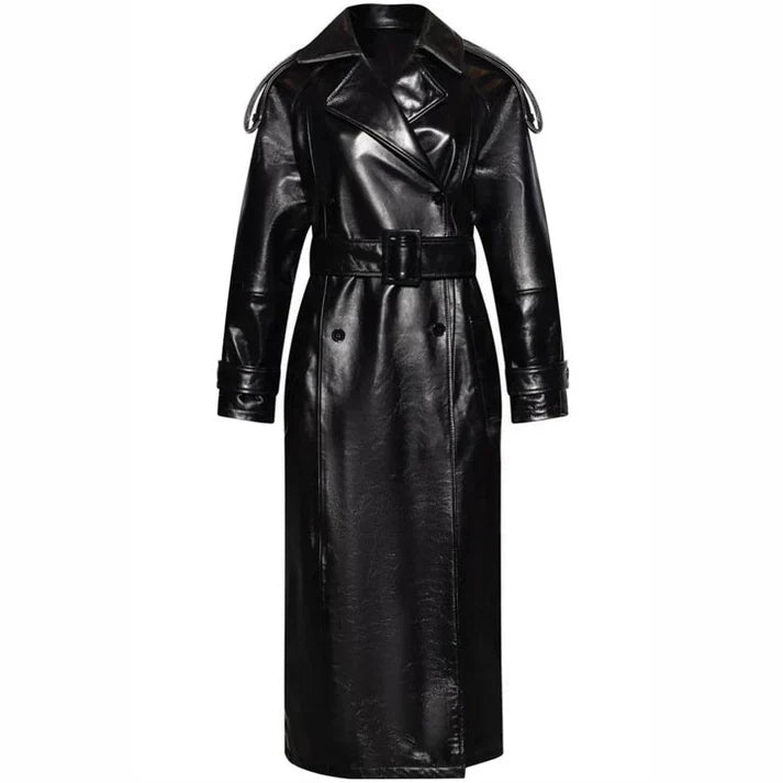 Women Genuine Leather Black Trench Coat