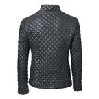 Mens Black Leather Puffer Jacket Diamond Quilted