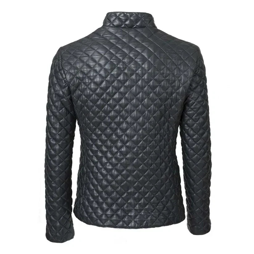 Mens Black Leather Puffer Jacket Diamond Quilted