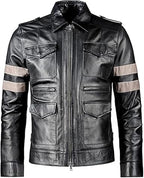 Black Leather Jacket with Gray Stripes