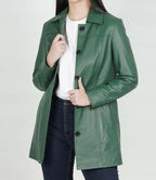 Womens Leather Green Coat - 3/4 Length