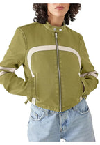Womens Green Faux Leather Motocross White Stripes Jacket